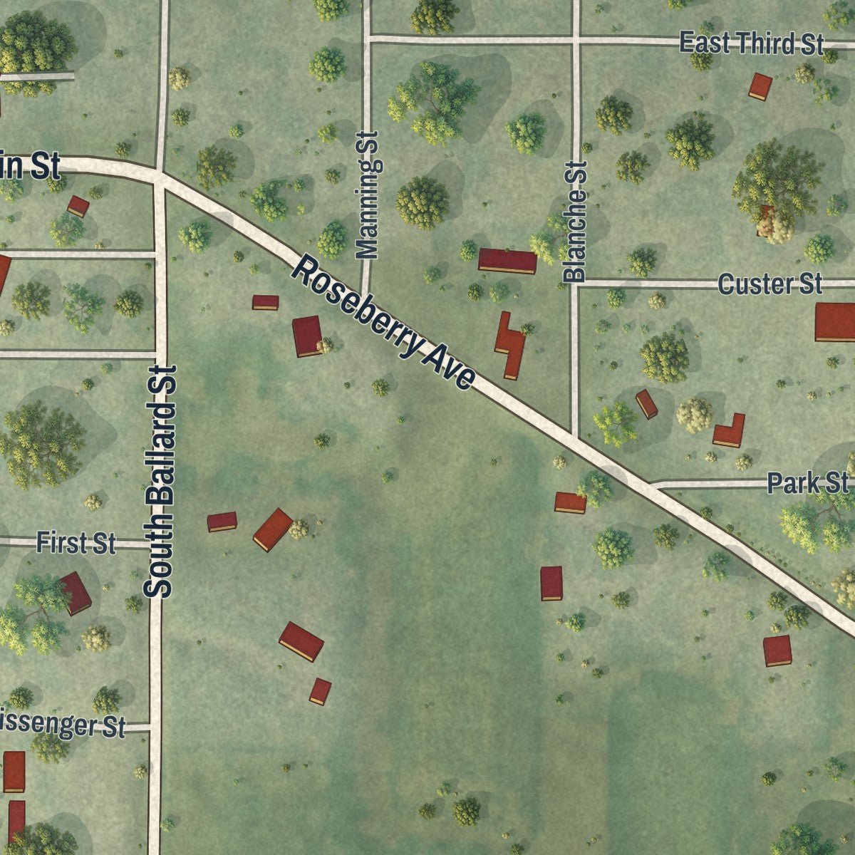 Second close-up of the map of Burlington Junction, Missouri print showing more streets and buildings