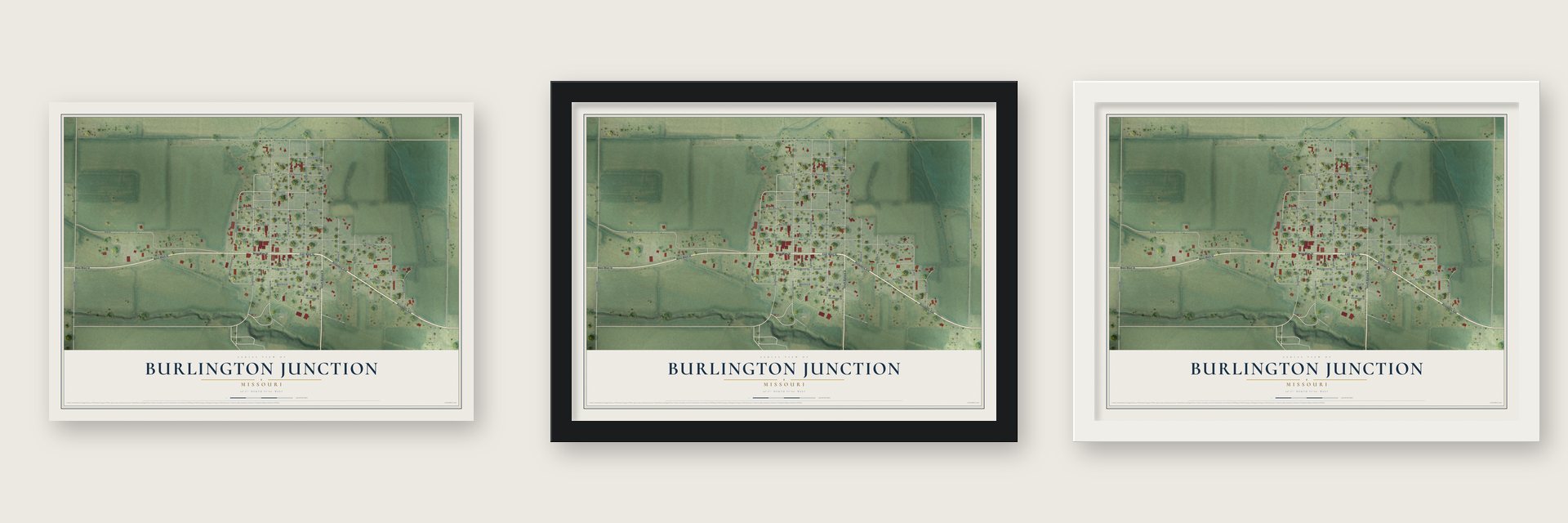 Burlington Junction, Missouri map unframed, in a black wood frame and in a white wood frame