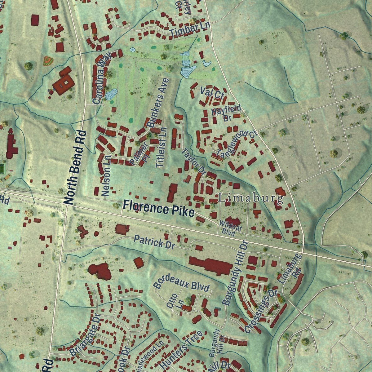 Second close-up of the map of Burlington, Kentucky print showing more streets and buildings