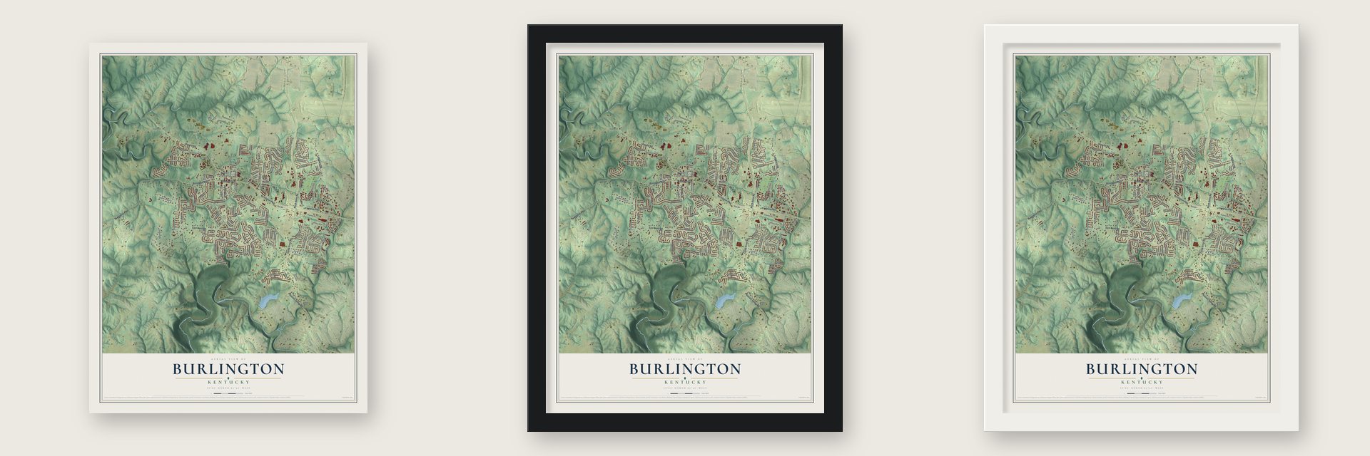 Burlington, Kentucky map unframed, in a black wood frame and in a white wood frame