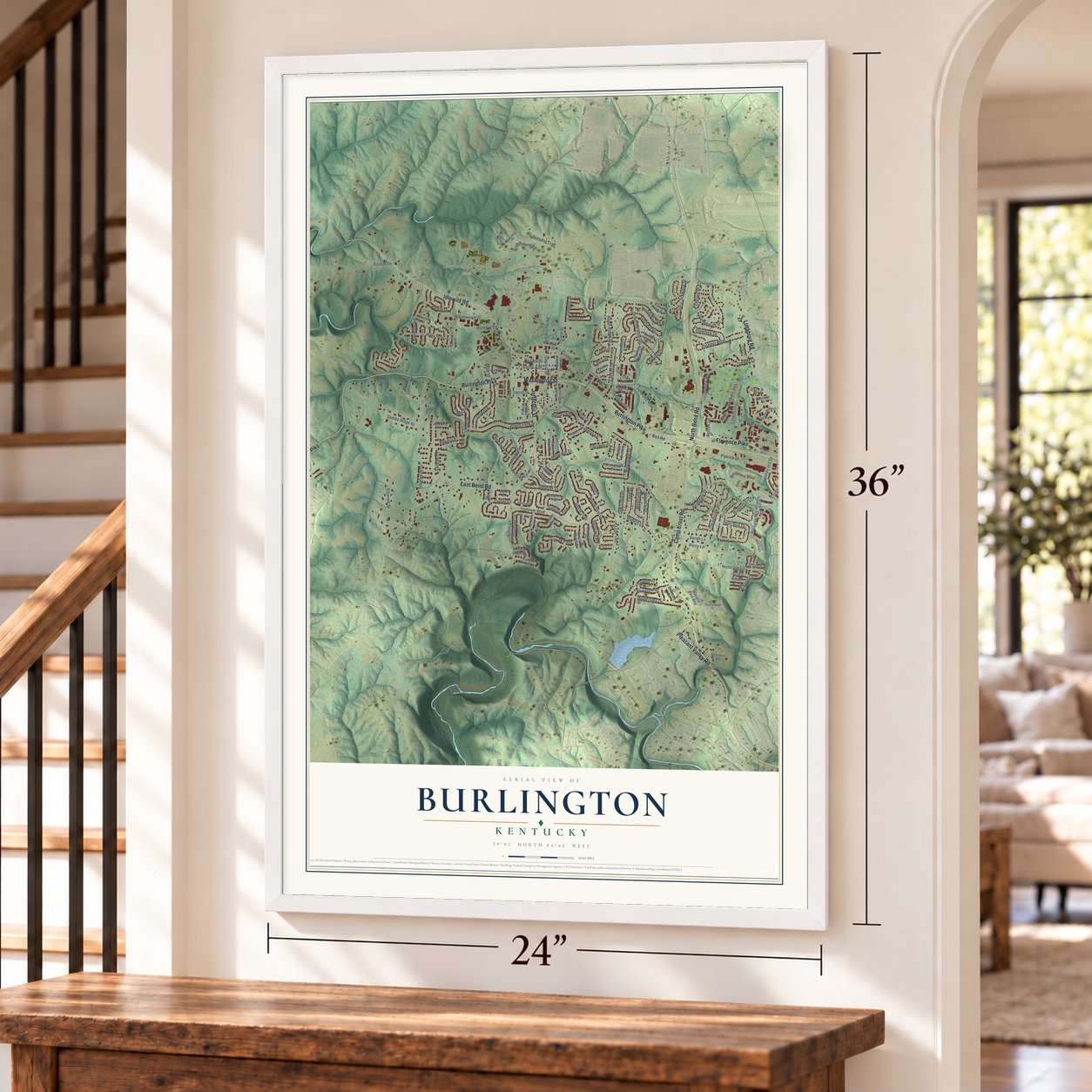 Burlington, Kentucky map, 24 x 36 inch print in a white frame by a staircase