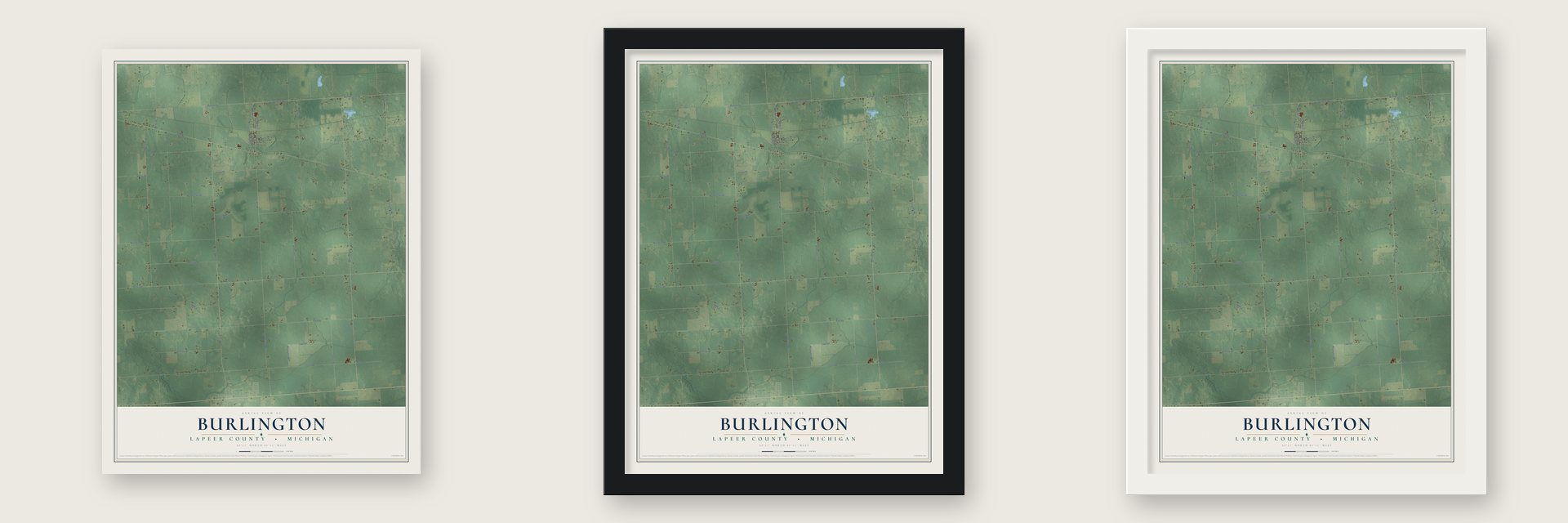 Burlington, Lapeer County, Michigan map unframed, in a black wood frame and in a white wood frame