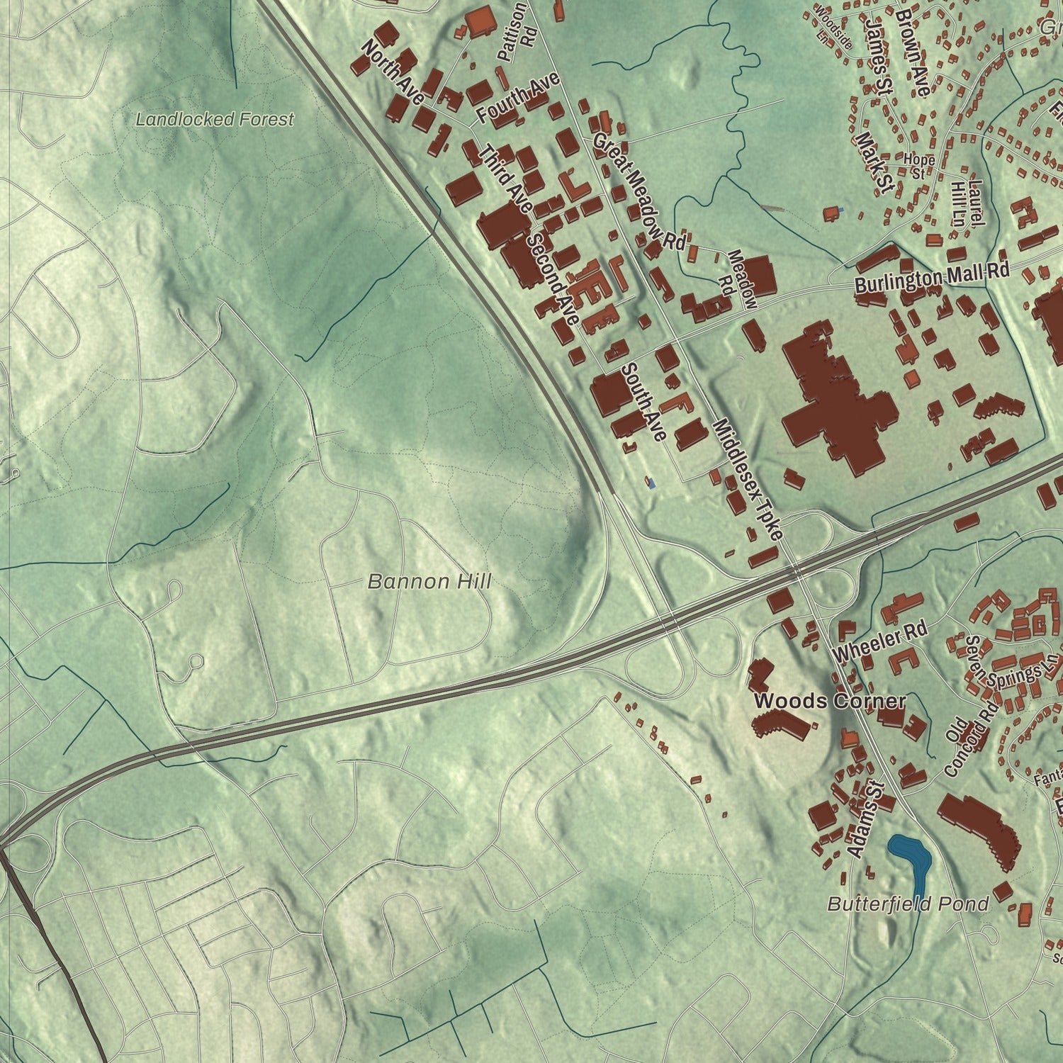 Close-up of the map of Burlington, Massachusetts print showing terrain and local geography