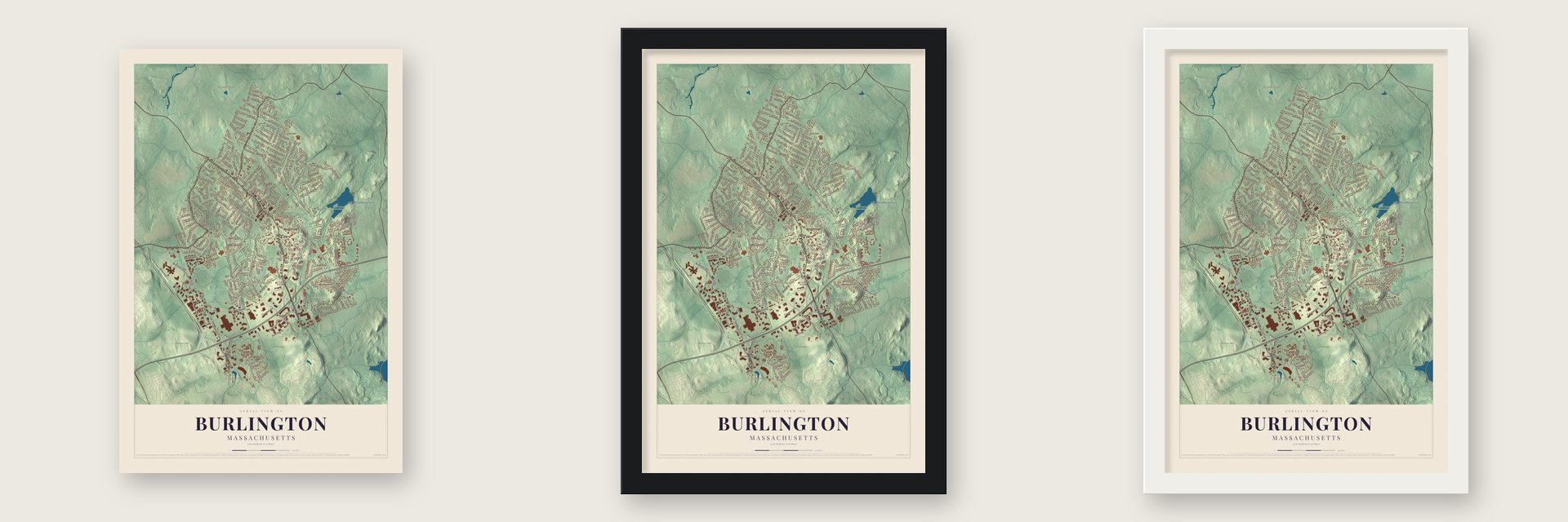 Burlington, Massachusetts map unframed, in a black wood frame and in a white wood frame
