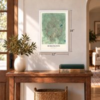 Burlington, Massachusetts map, 12 x 18 inch print in a white frame in an entryway