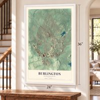 Burlington, Massachusetts map, 24 x 36 inch print in a white frame by a staircase
