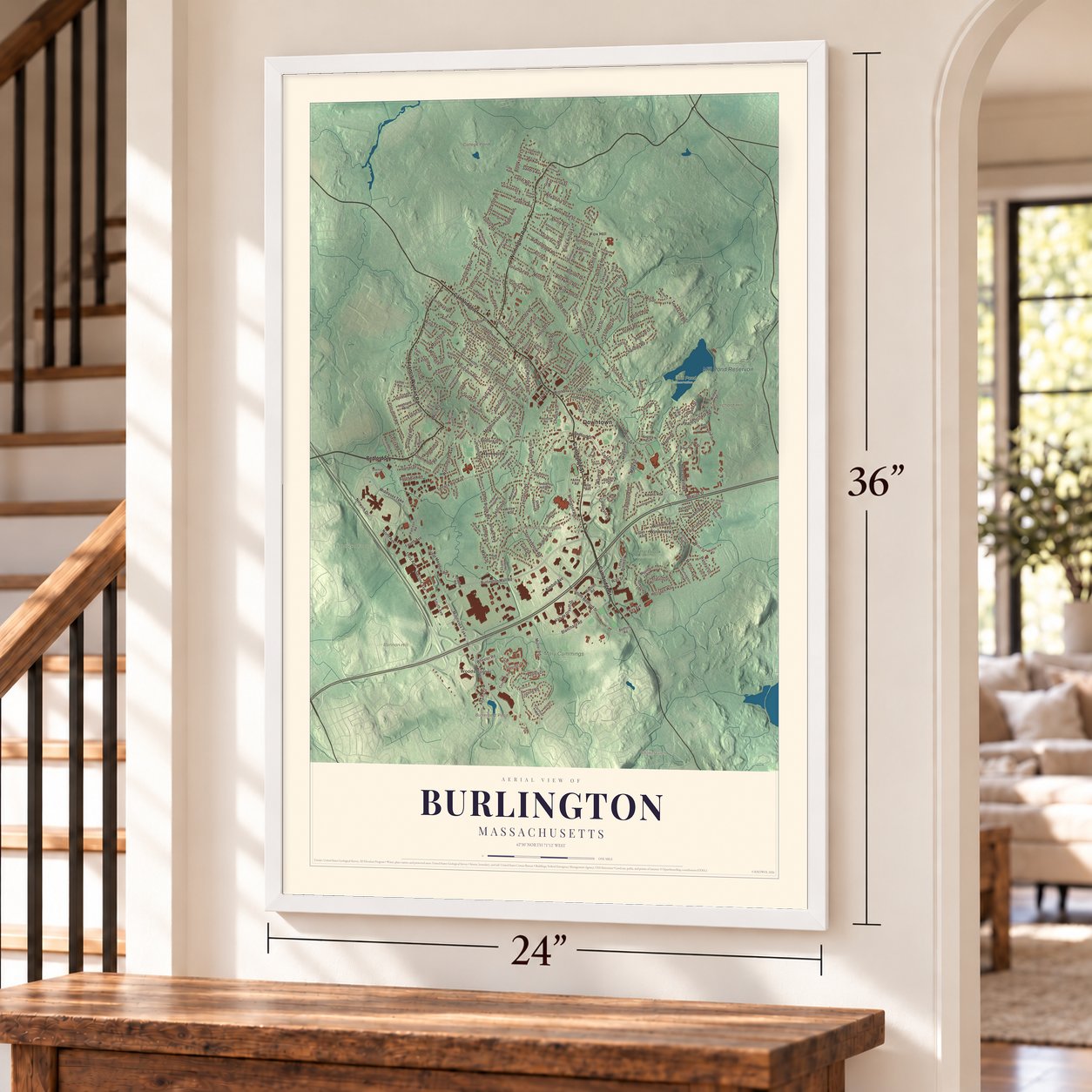 Burlington, Massachusetts map, 24 x 36 inch print in a white frame by a staircase