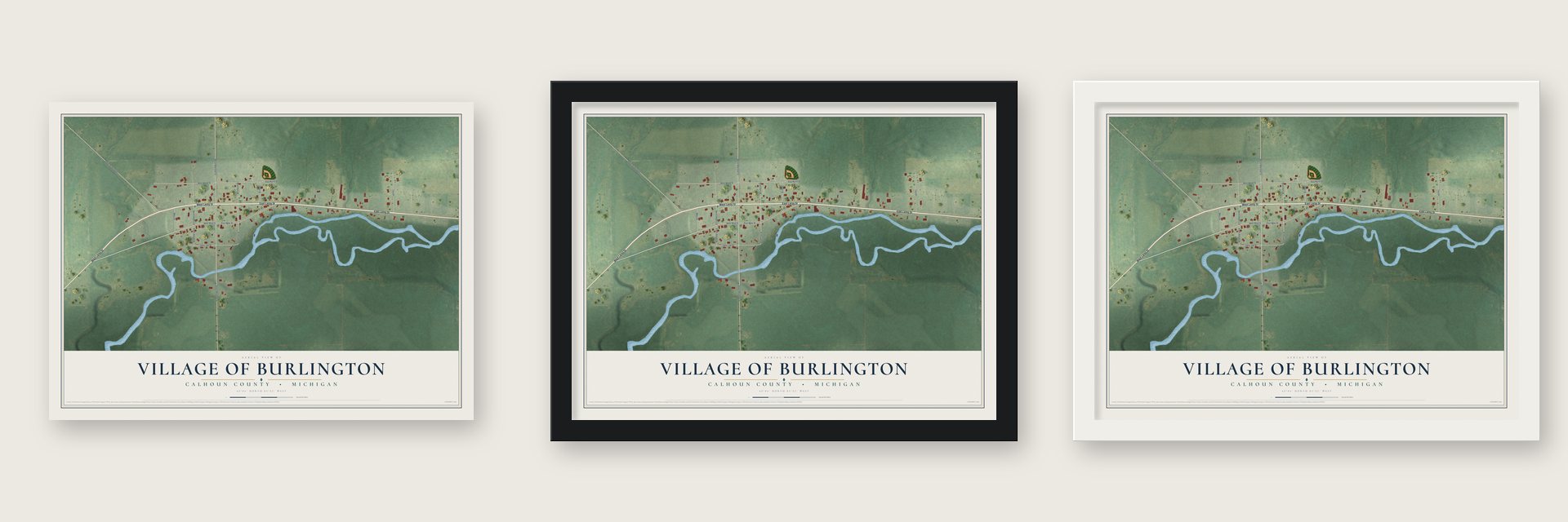 Burlington, Michigan map unframed, in a black wood frame and in a white wood frame