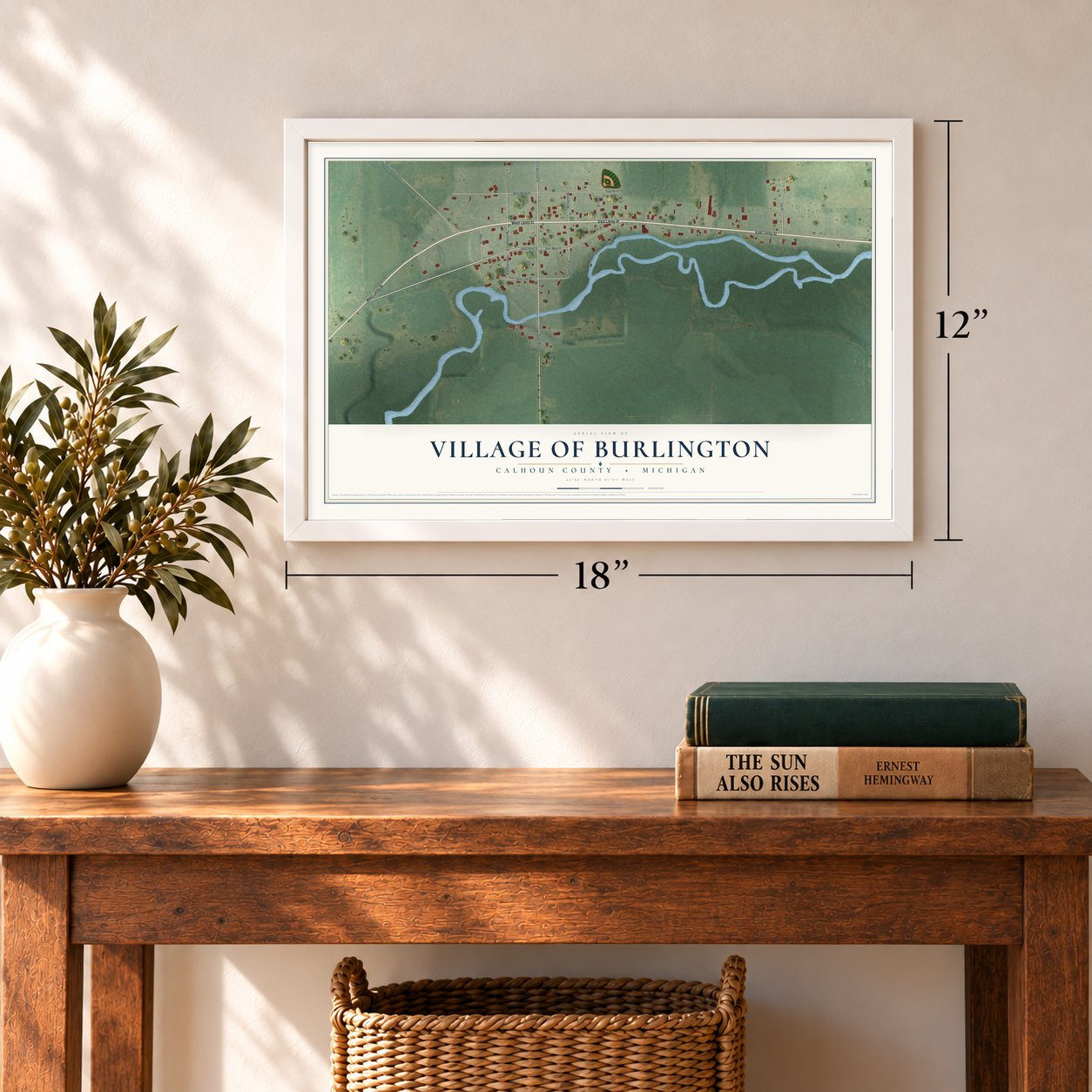 Burlington, Michigan map, 12 x 18 inch print in a white frame in an entryway