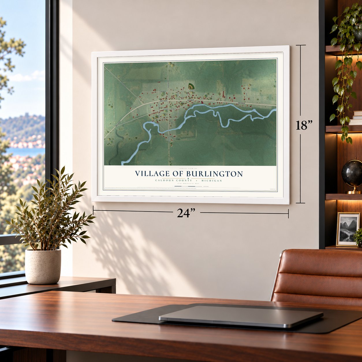 Burlington, Michigan map, 18 x 24 inch print in a white frame in a home office