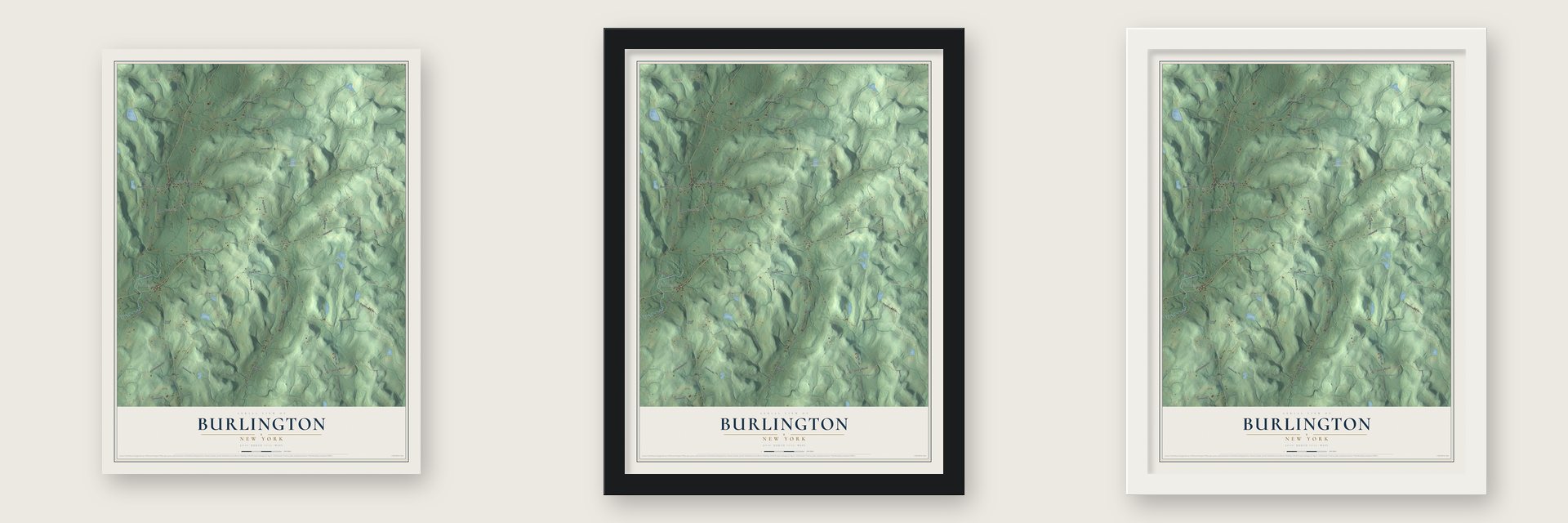 Burlington, New York map unframed, in a black wood frame and in a white wood frame