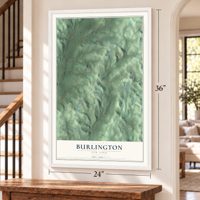 Burlington, New York map, 24 x 36 inch print in a white frame by a staircase