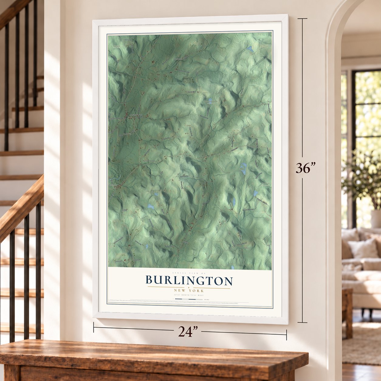Burlington, New York map, 24 x 36 inch print in a white frame by a staircase