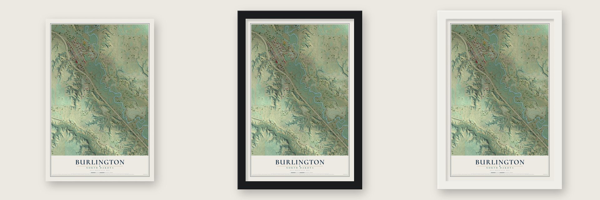 Burlington, North Dakota map unframed, in a black wood frame and in a white wood frame