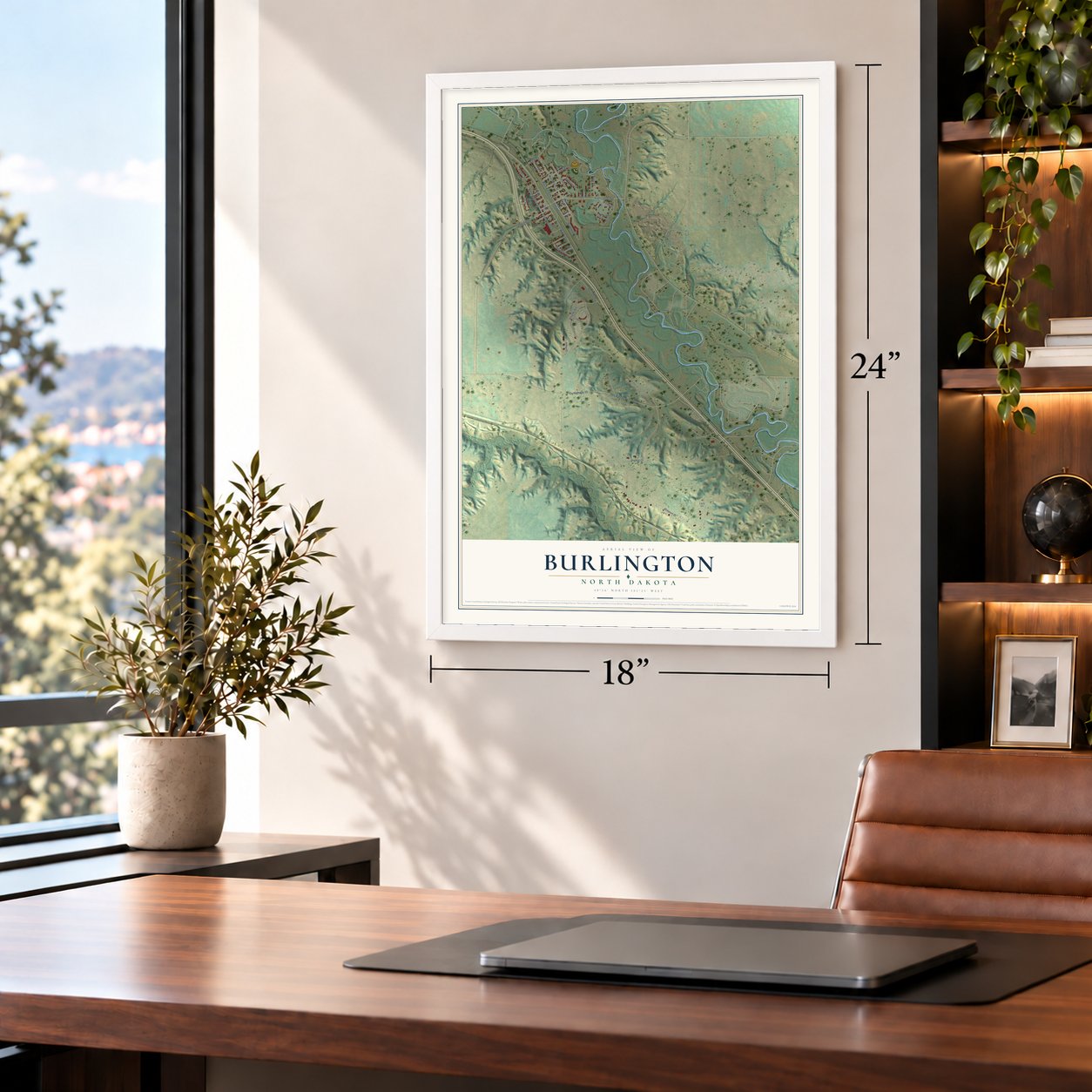 Burlington, North Dakota map, 18 x 24 inch print in a white frame in a home office