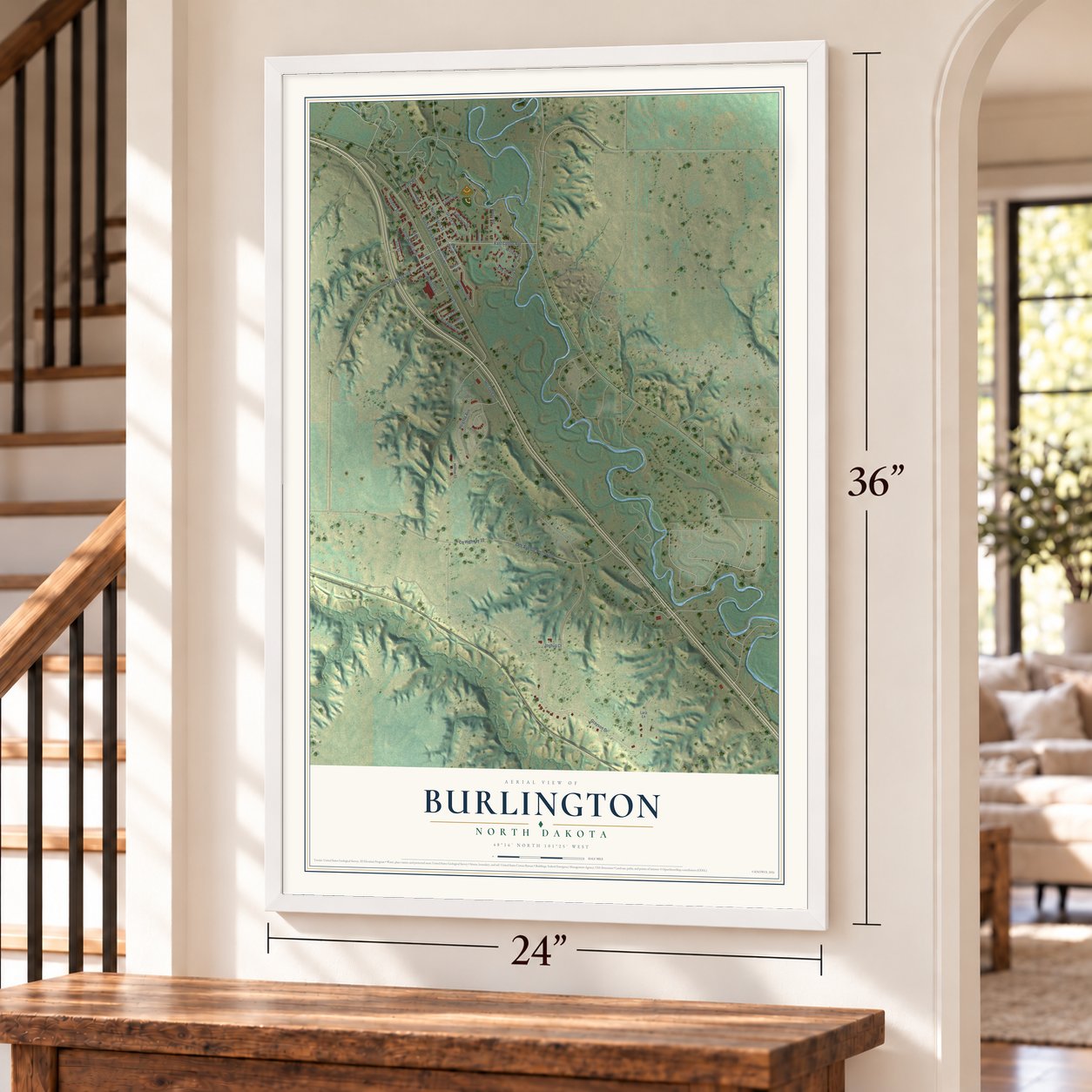 Burlington, North Dakota map, 24 x 36 inch print in a white frame by a staircase