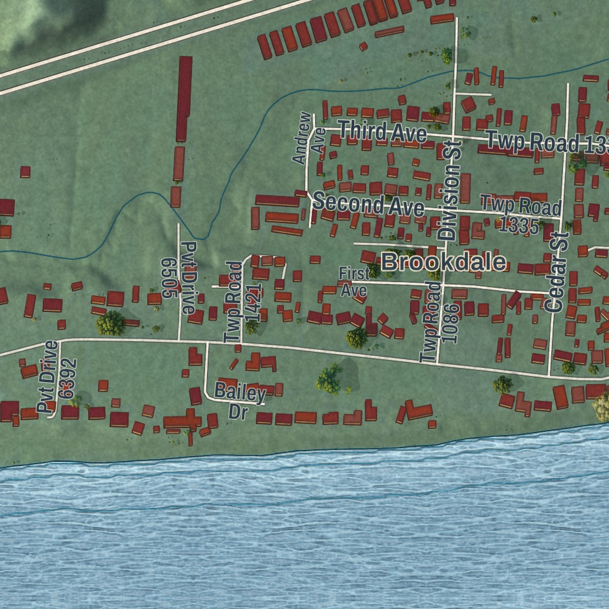 Second close-up of the map of Burlington, Ohio print showing more streets and buildings
