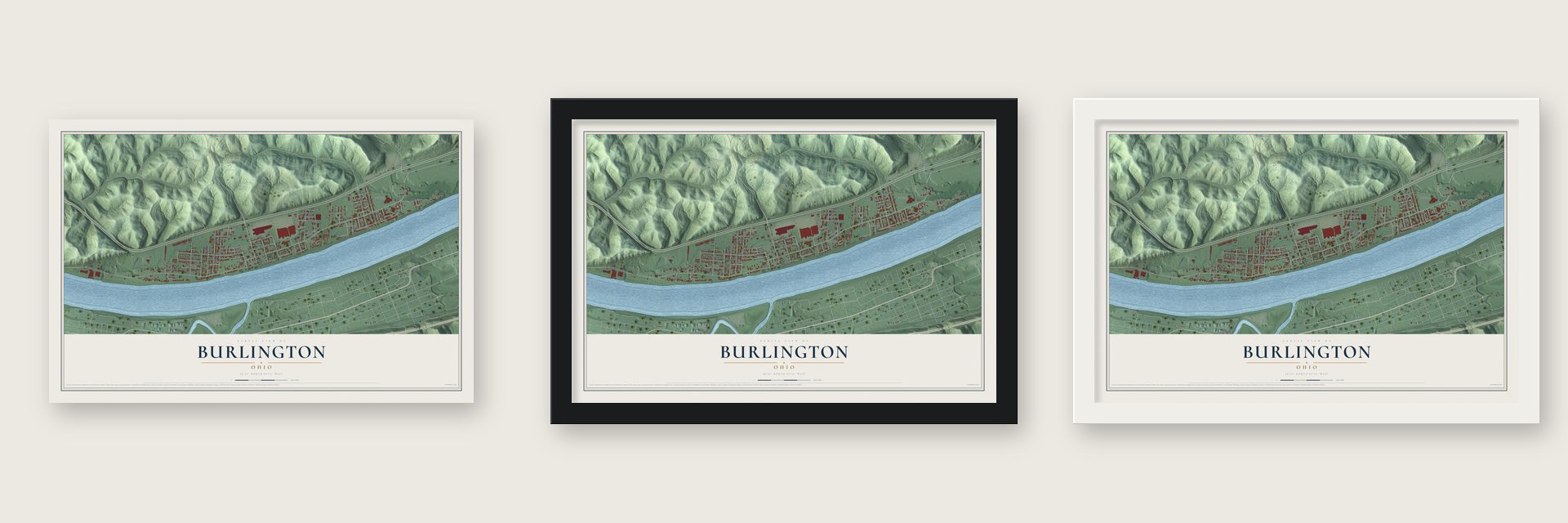 Burlington, Ohio map unframed, in a black wood frame and in a white wood frame