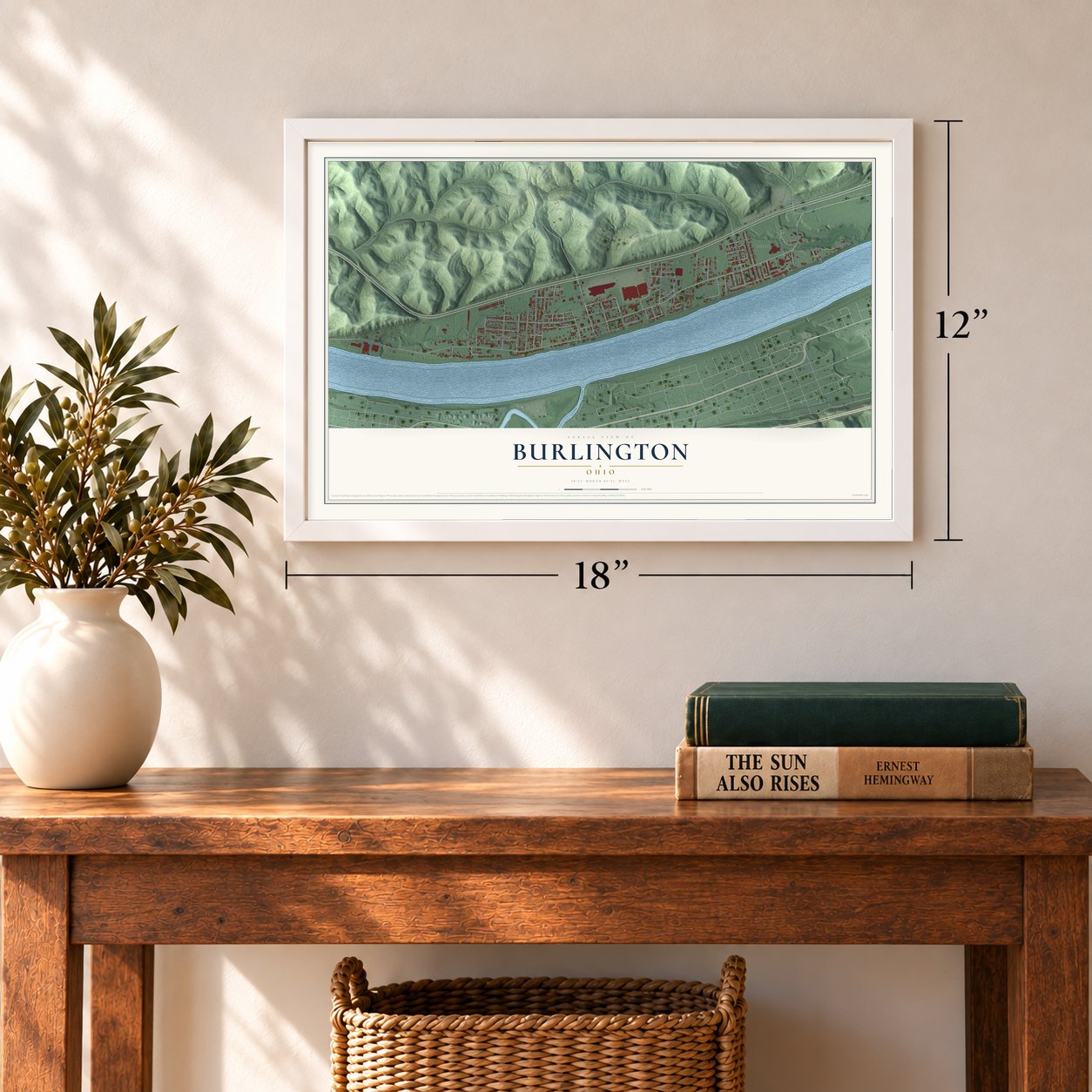 Burlington, Ohio map, 12 x 18 inch print in a white frame in an entryway