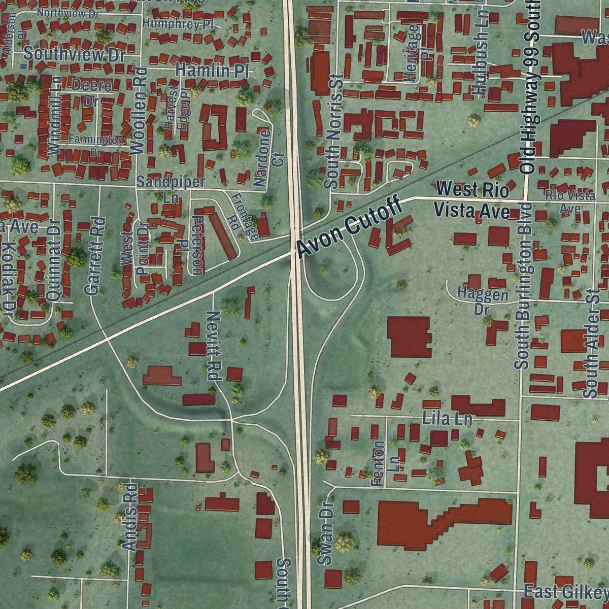 Second close-up of the map of Burlington, Washington print showing more streets and buildings