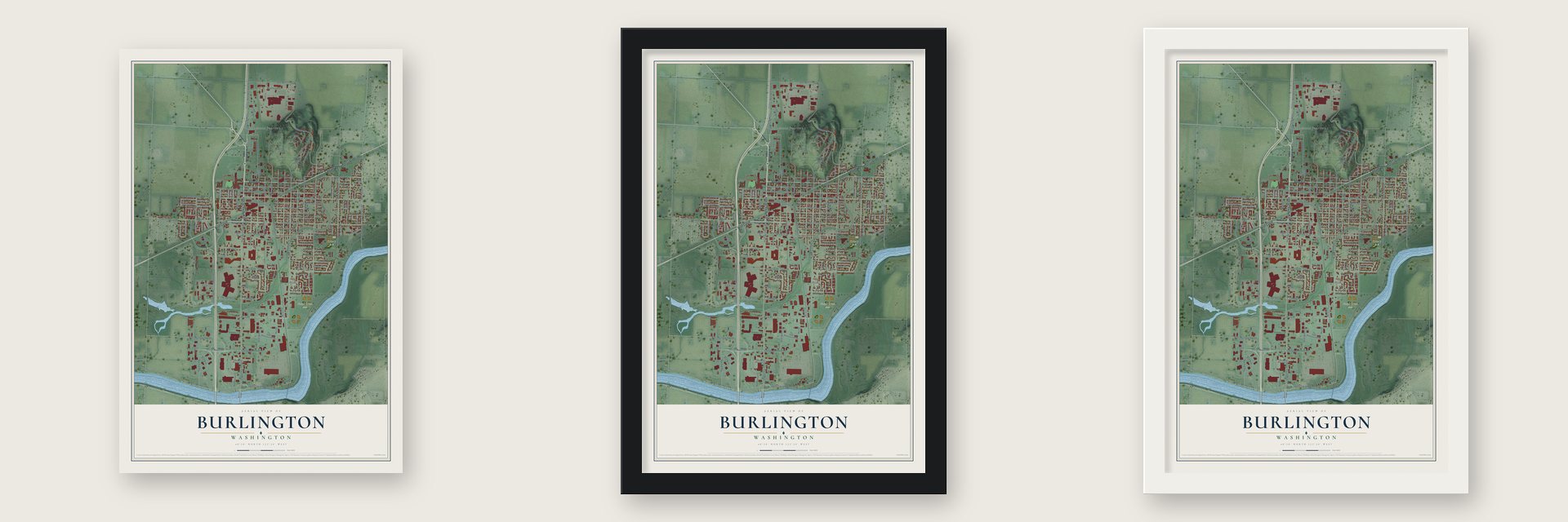 Burlington, Washington map unframed, in a black wood frame and in a white wood frame