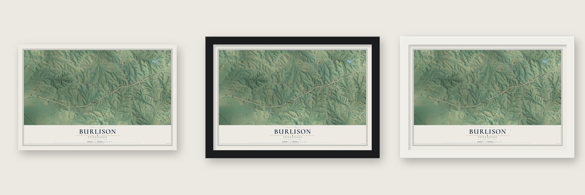 Burlison, Tennessee map unframed, in a black wood frame and in a white wood frame