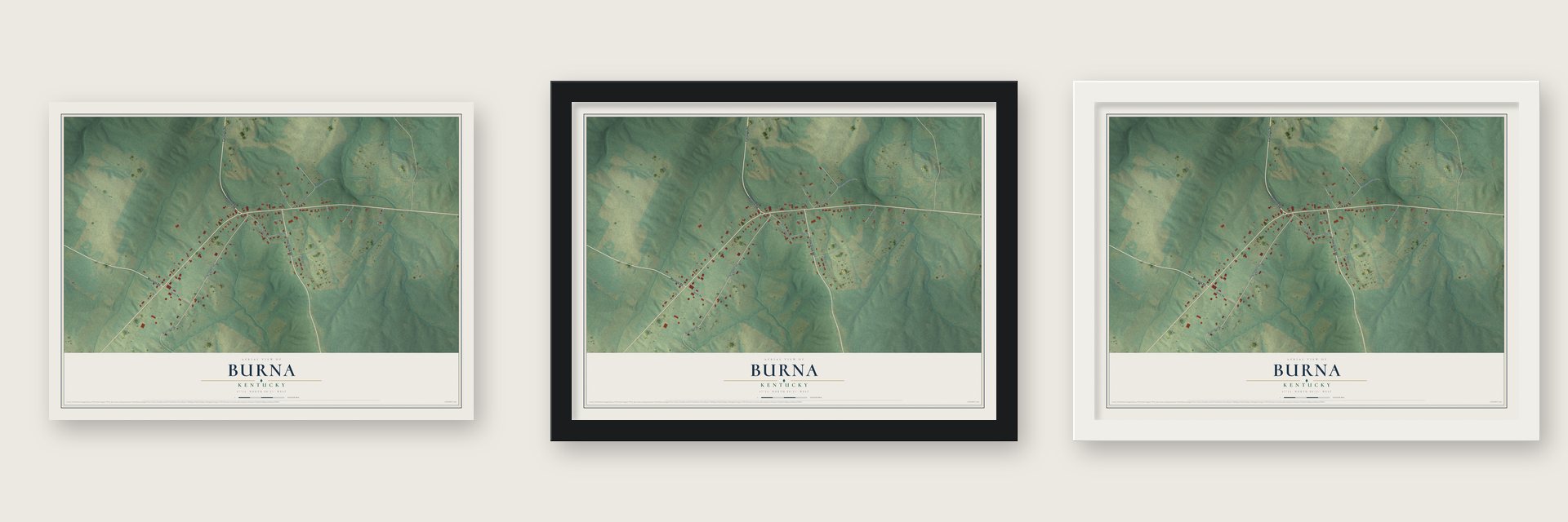 Burna, Kentucky map unframed, in a black wood frame and in a white wood frame