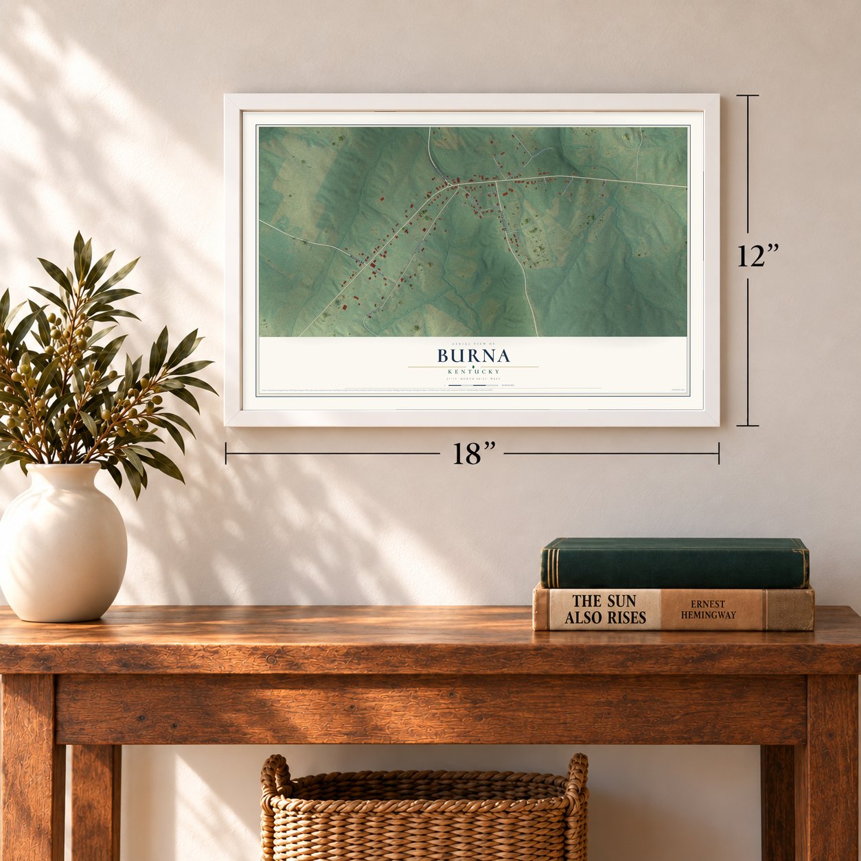 Burna, Kentucky map, 12 x 18 inch print in a white frame in an entryway