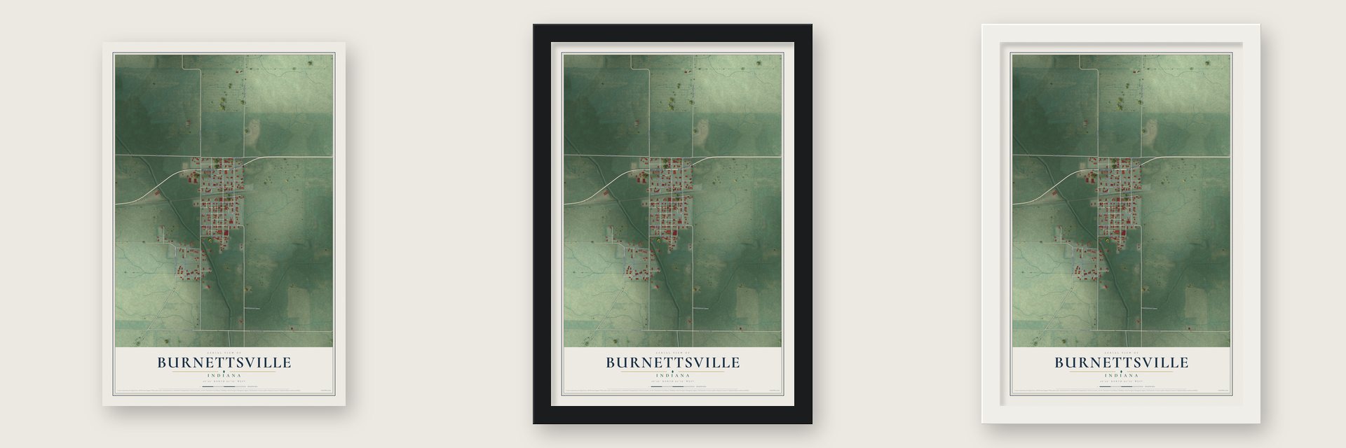 Burnettsville, Indiana map unframed, in a black wood frame and in a white wood frame
