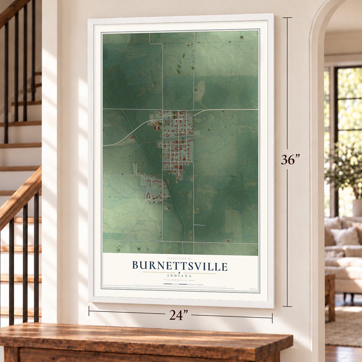 Burnettsville, Indiana map, 24 x 36 inch print in a white frame by a staircase