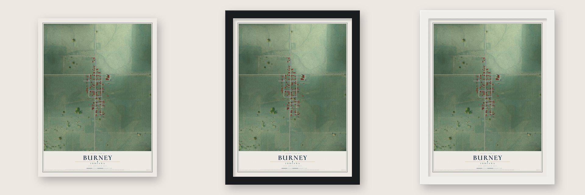 Burney, Indiana map unframed, in a black wood frame and in a white wood frame
