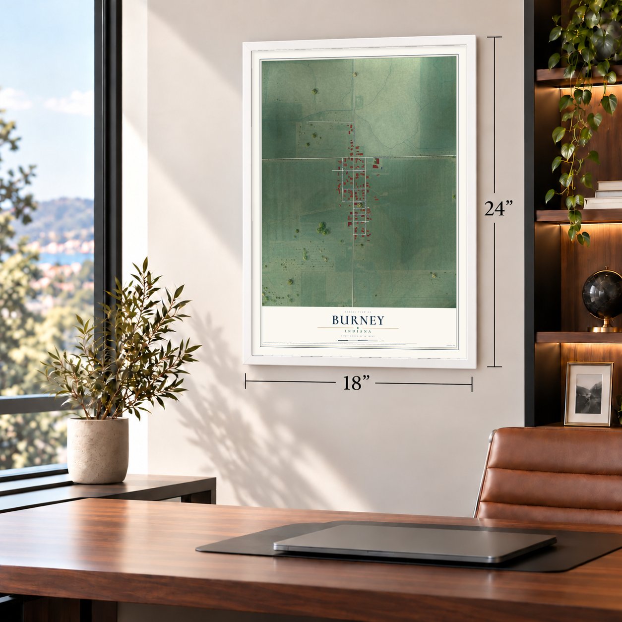 Burney, Indiana map, 18 x 24 inch print in a white frame in a home office