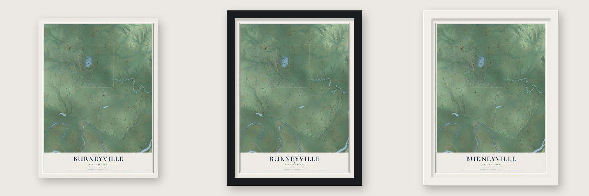 Burneyville, Oklahoma map unframed, in a black wood frame and in a white wood frame