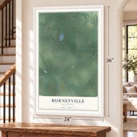 Burneyville, Oklahoma map, 24 x 36 inch print in a white frame by a staircase
