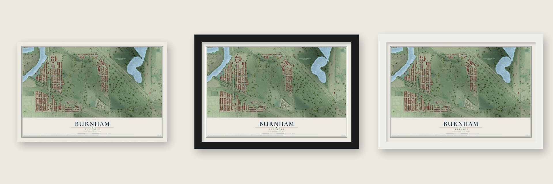 Burnham, Illinois map unframed, in a black wood frame and in a white wood frame
