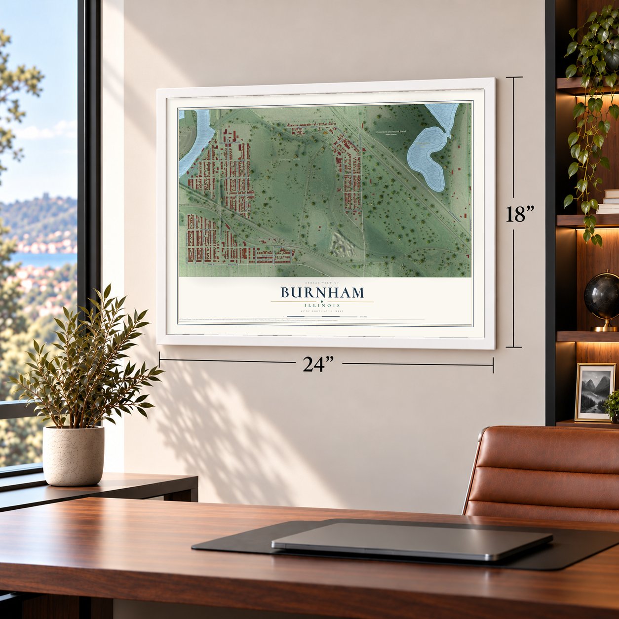 Burnham, Illinois map, 18 x 24 inch print in a white frame in a home office