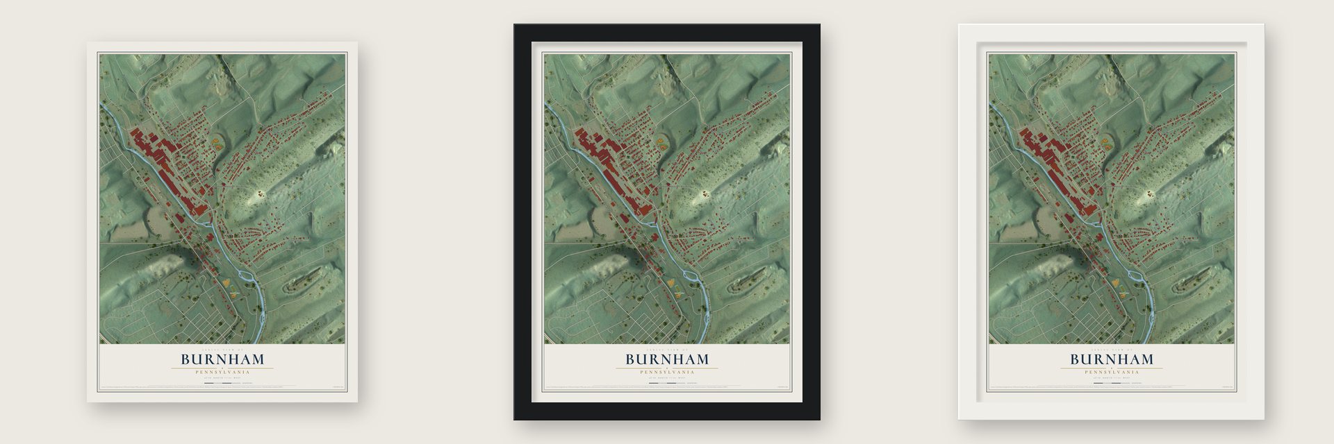 Burnham, Pennsylvania map unframed, in a black wood frame and in a white wood frame