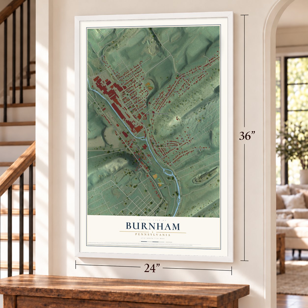 Burnham, Pennsylvania map, 24 x 36 inch print in a white frame by a staircase
