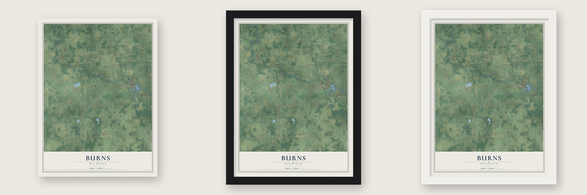 Burns, Michigan map unframed, in a black wood frame and in a white wood frame