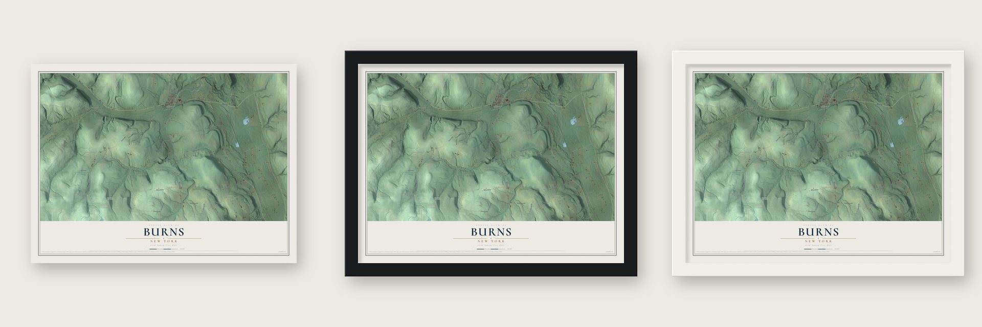 Burns, New York map unframed, in a black wood frame and in a white wood frame