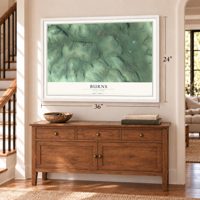 Burns, New York map, 24 x 36 inch print in a white frame above a dresser by a staircase