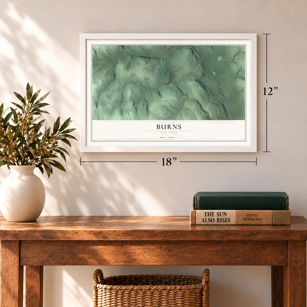 Burns, New York map, 12 x 18 inch print in a white frame in an entryway