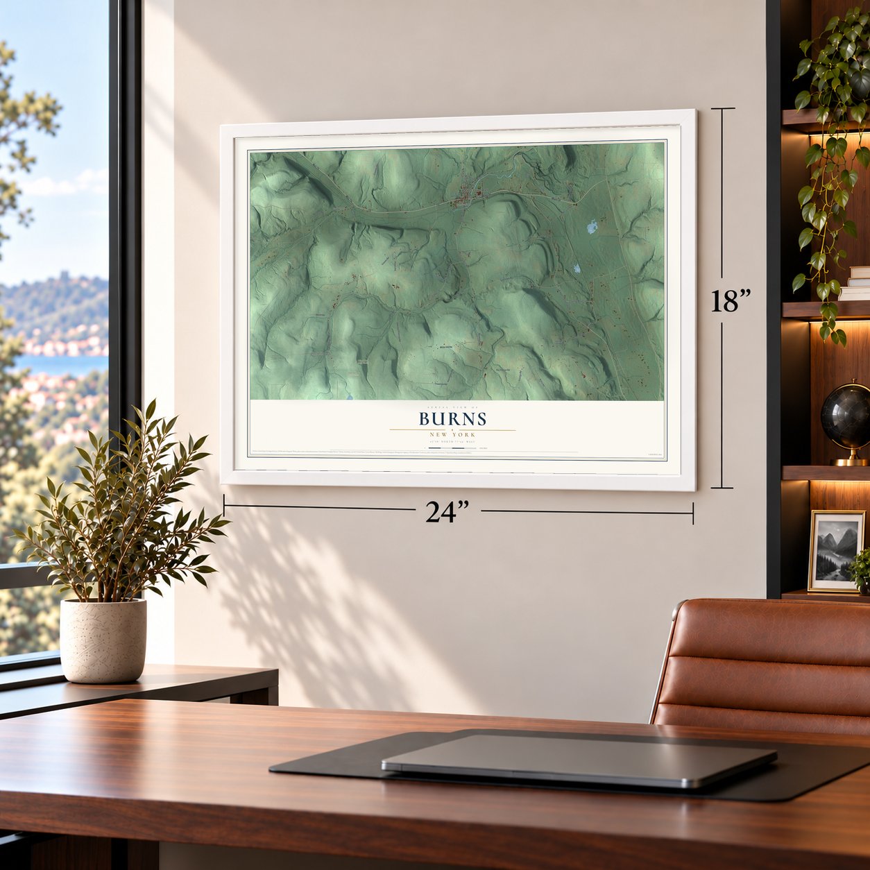 Burns, New York map, 18 x 24 inch print in a white frame in a home office
