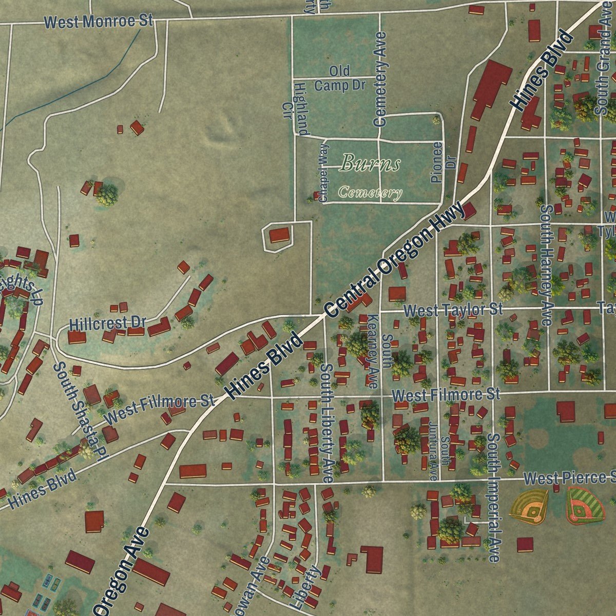 Second close-up of the map of Burns, Oregon print showing more streets and buildings