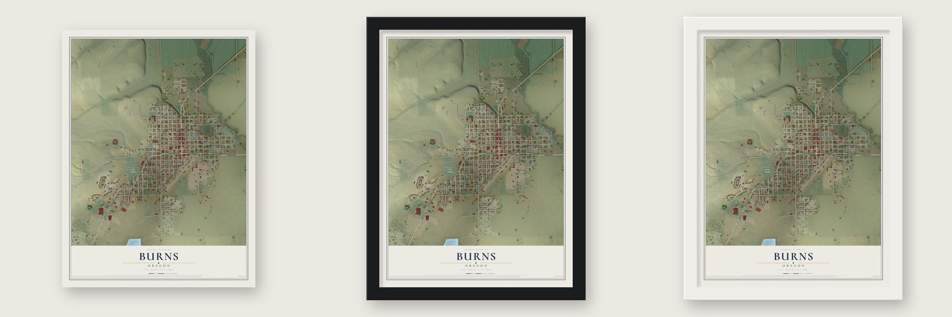 Burns, Oregon map unframed, in a black wood frame and in a white wood frame