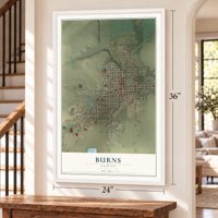 Burns, Oregon map, 24 x 36 inch print in a white frame by a staircase
