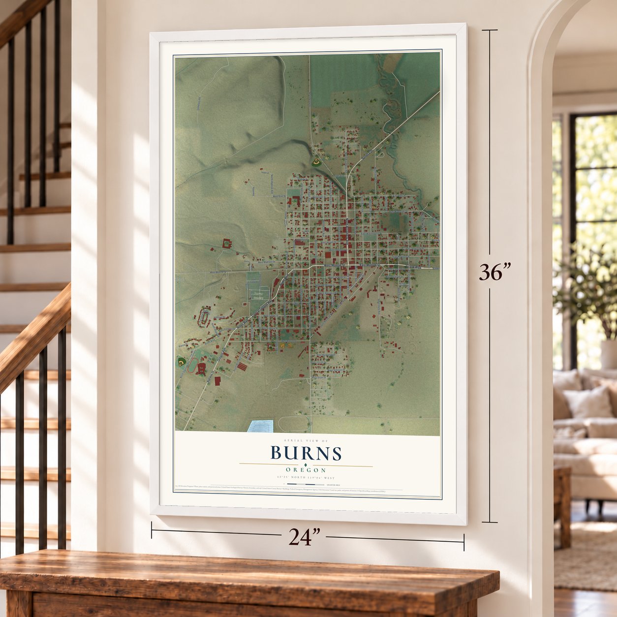 Burns, Oregon map, 24 x 36 inch print in a white frame by a staircase