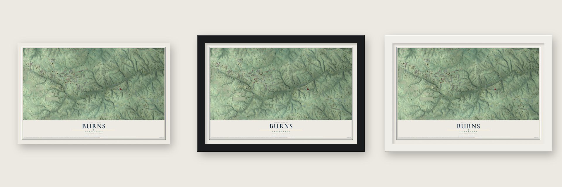 Burns, Tennessee map unframed, in a black wood frame and in a white wood frame