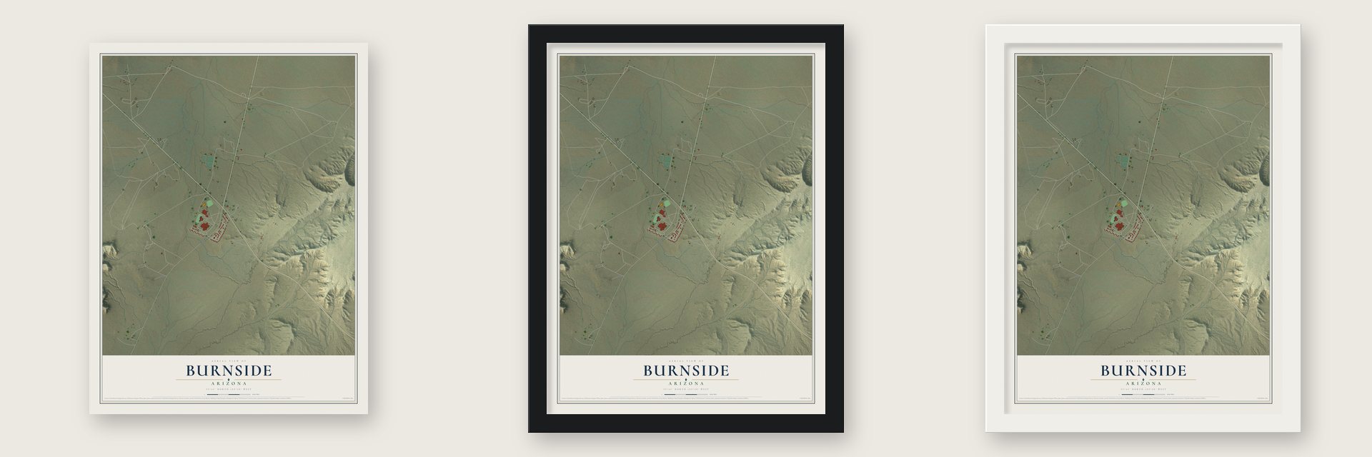 Burnside, Arizona map unframed, in a black wood frame and in a white wood frame