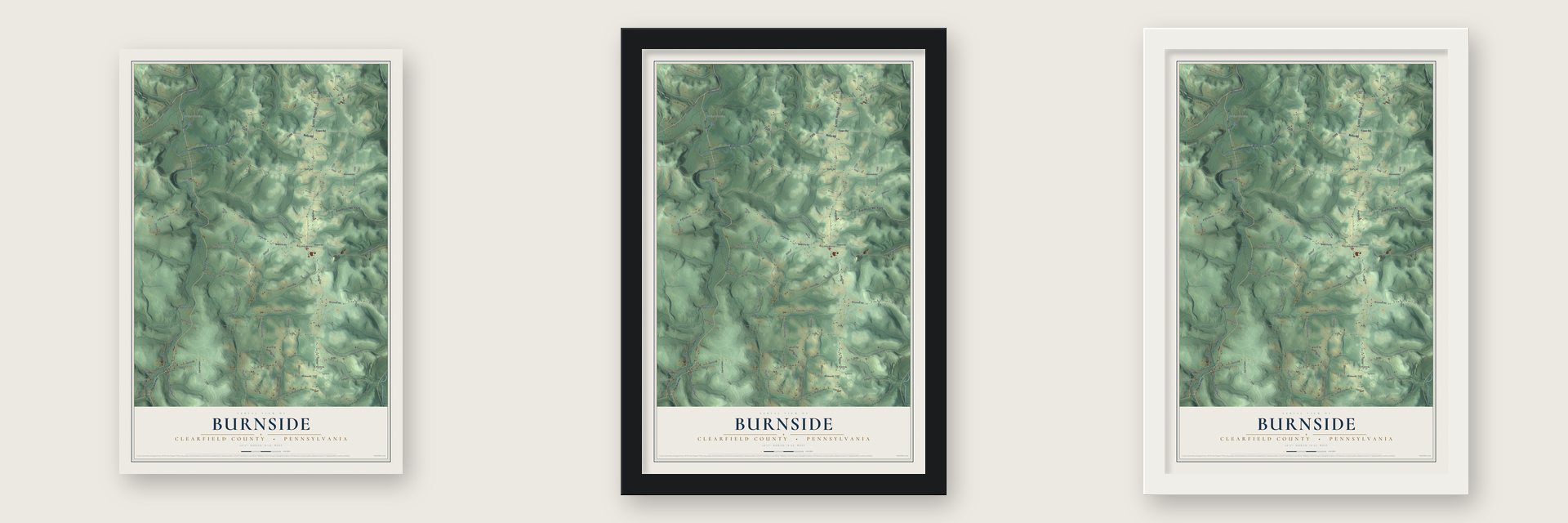 Burnside, Clearfield County, Pennsylvania map unframed, in a black wood frame and in a white wood frame
